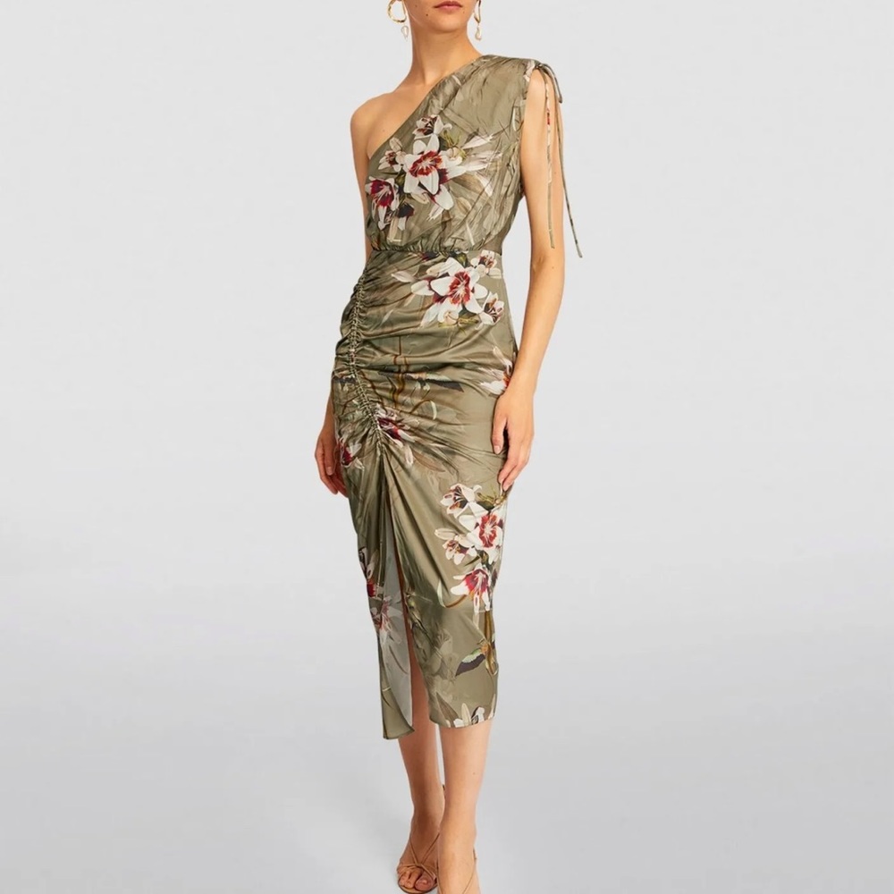 AllSaints Ira Dorada Silk Asymmetrical One Shoulder Midi Dress Size 2 NWT